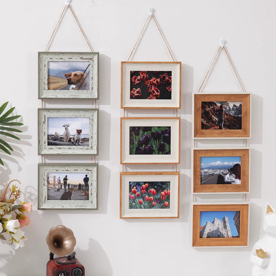 3 pêle-mêle photos en triptyque horizontal sur un mur blanc