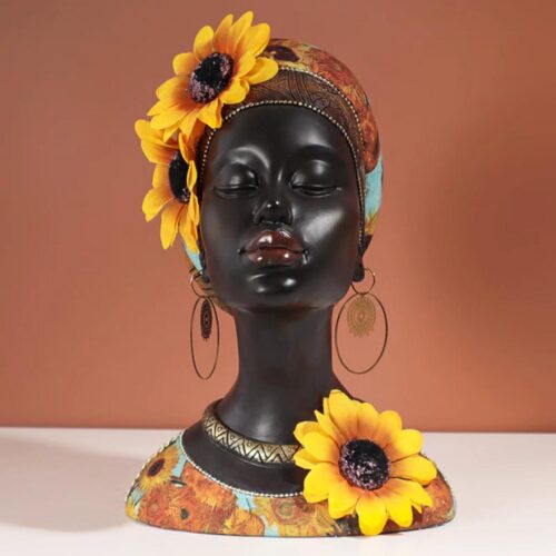 Statuette résine femme africaine tournesols dans les cheveux