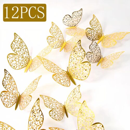 Autocollant mural papillon en 3 dimensions doré, 12 pièces