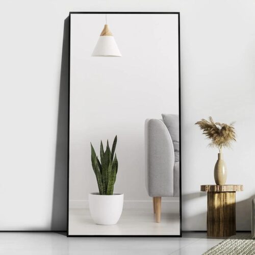 Miroir en pied rectangle cadre noir et fin