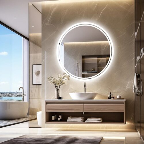 Miroir rond bordure lumineuse LED dans une salle de bain très design et vitrée, un endroit très luxueux.