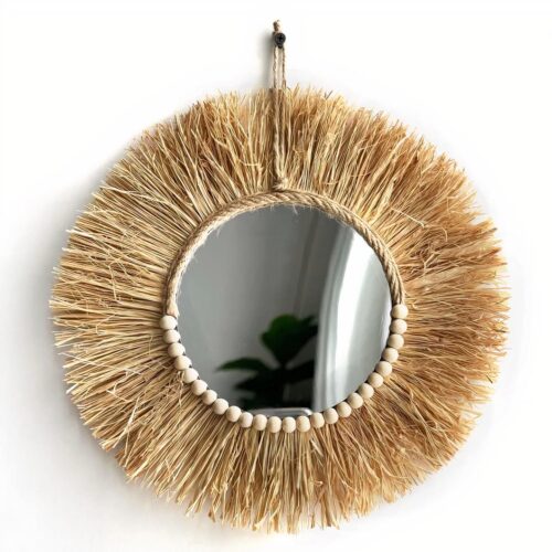 Miroir soleil rond avec bords en raphia