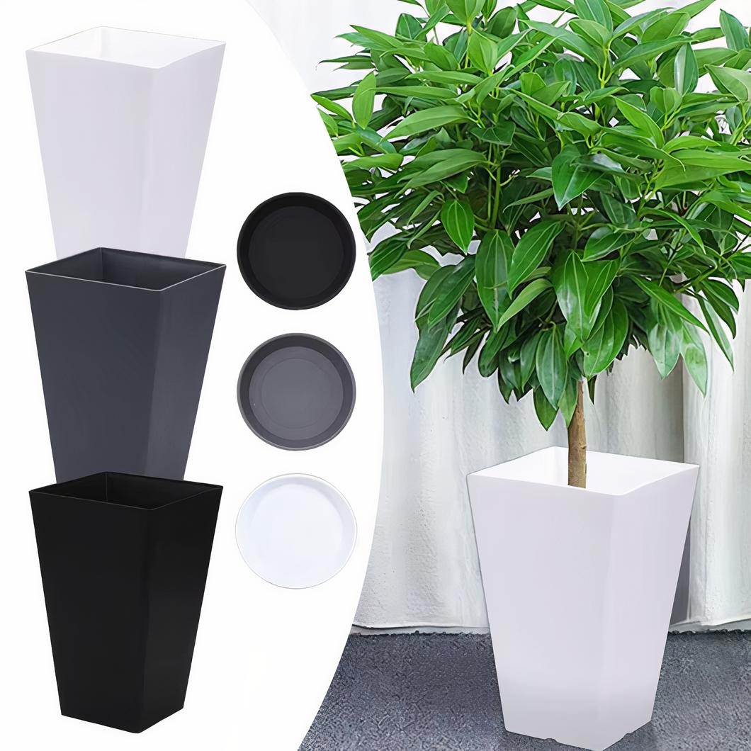 Pots de fleur XXL carré sur fond blanc et vu avec un arbre à l'intérieur.