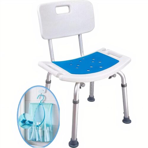 Tabouret de salle de bain blanc et bleu sur fond blanc.