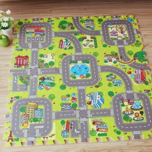 Tapis de jeu de voitures forme puzzle pour enfant