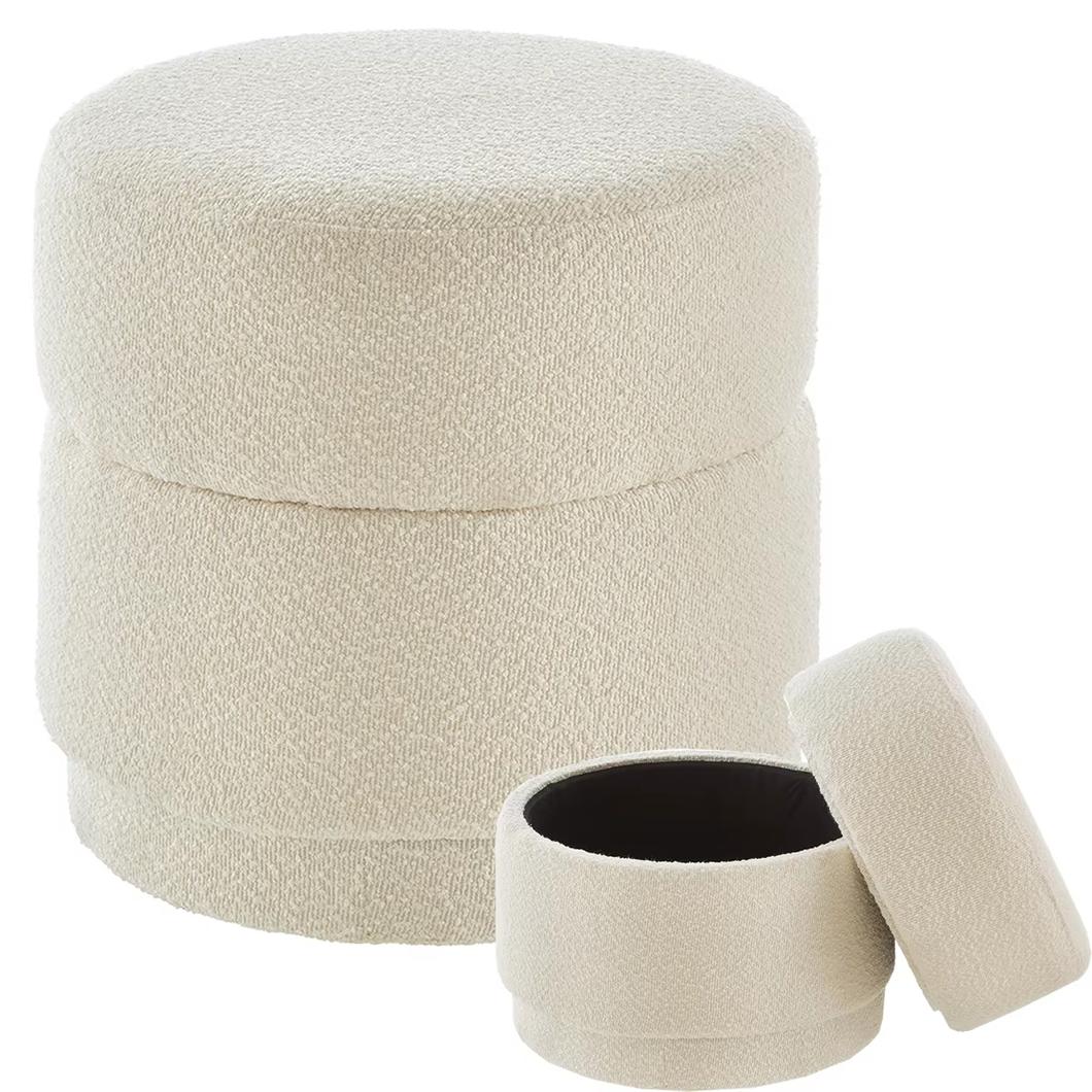Photo d'un pouf de rangement en tissu blanc et intérieur noir sur un fond blanc